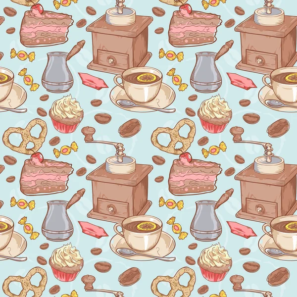 Sweet coffee and candies seamless pattern — Stock Vector