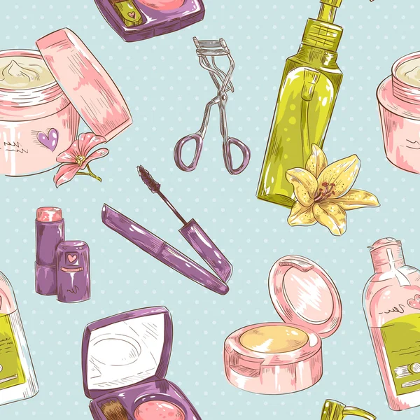 Conjunto de maquillaje objeto linda chica colección textura sin costuras — Vector de stock