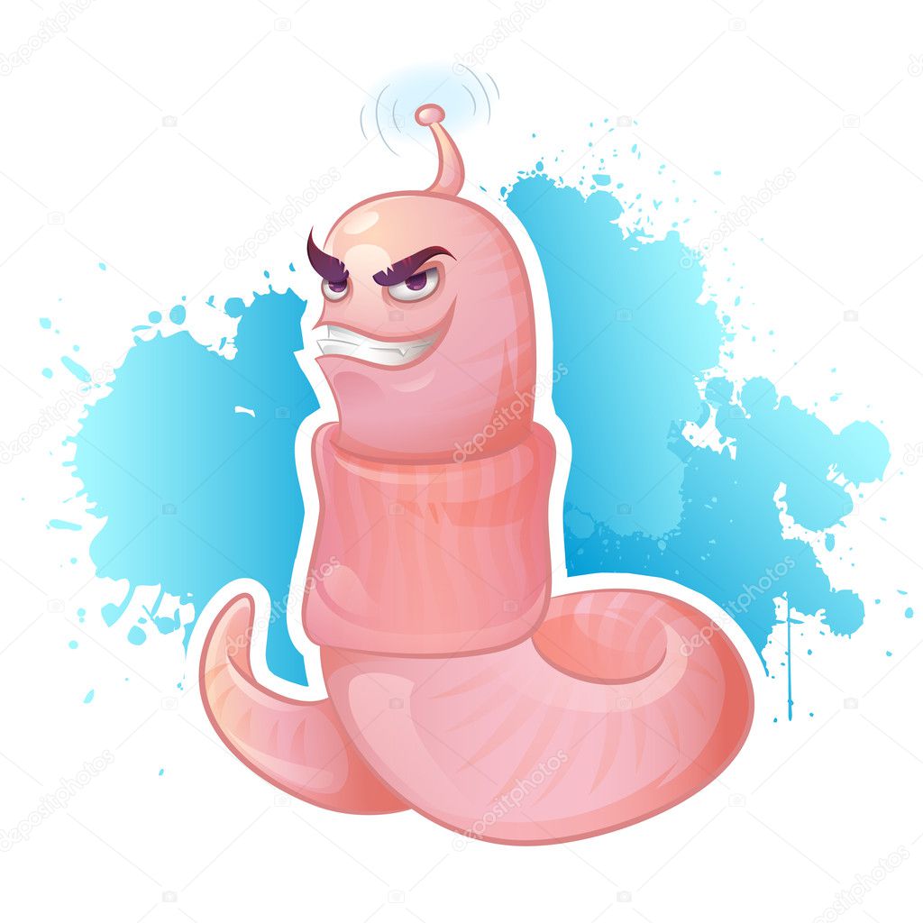Evil cartoon worm mascot with sly smile