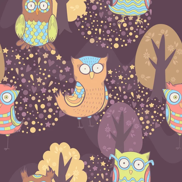 Cute cartoon owls fantasy coloful pattern — Stock Vector