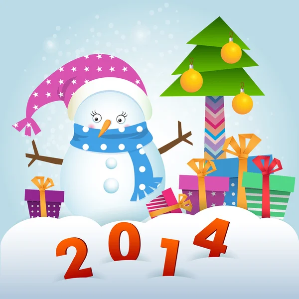 Χαριτωμένο χιονάνθρωπος και χριστουγεννιάτικο δέντρο με δώρα — Διανυσματικό Αρχείο