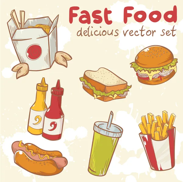 Set vettore Fastfood con hamburger, hot dog e patatine fritte — Vettoriale Stock