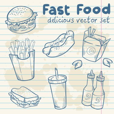 fastfood lezzetli elle çizilmiş vektör set