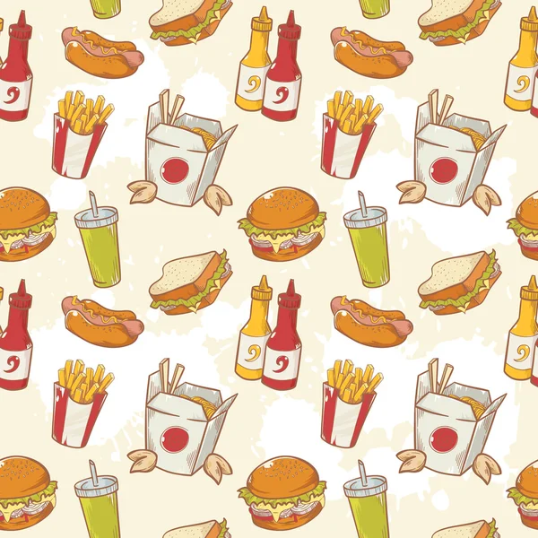 Fast-Food heerlijke hand getekend vector naadloze patroon — Stockvector