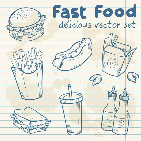 Ensemble de vecteurs dessinés à la main délicieux Fastfood — Image vectorielle