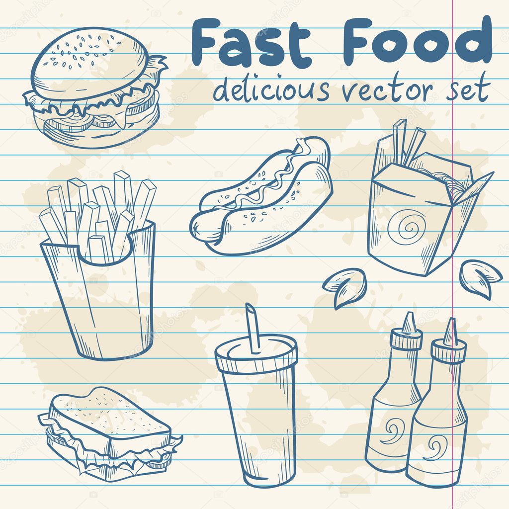 Fastfood delicious hand drawn vector set