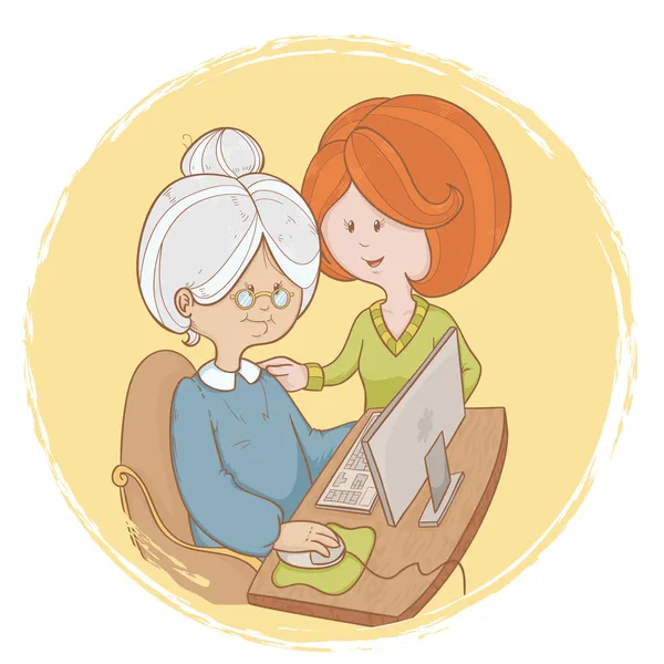 Granny learns the computer use with help of girl — Stock Vector