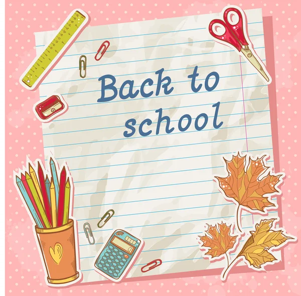 Back to school card on paper sheet with study items — Stock Vector