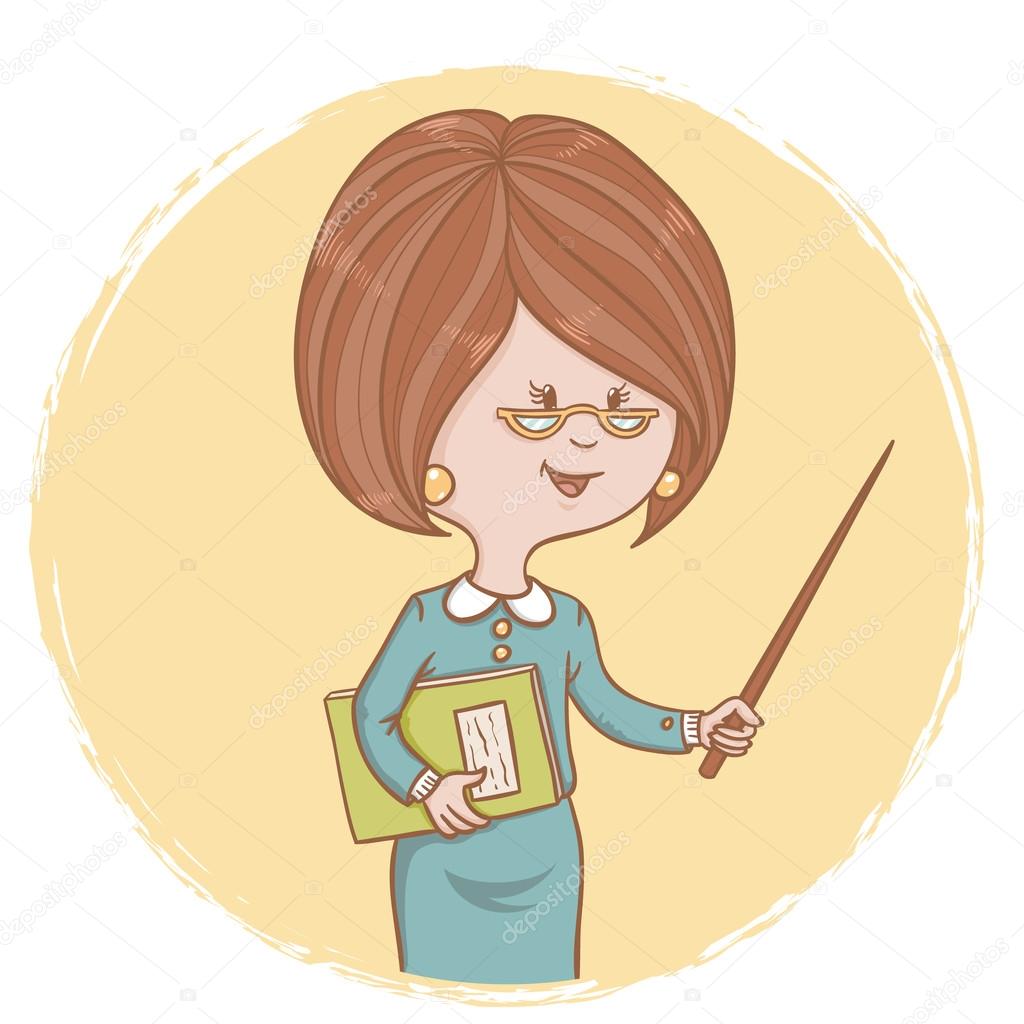 Illustration of cute woman teacher with a book and a pointer