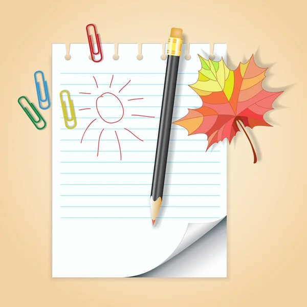 School notepad with pencil and autumn leaf — Stock Vector