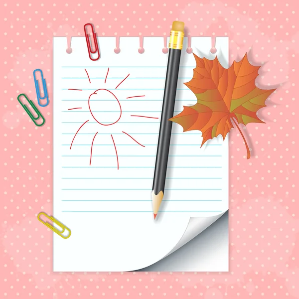 School notepad with pencil and autumn leaf — Stock Vector