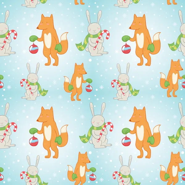 Christmas seamless pattern with winter bunny and fox — Stock Vector