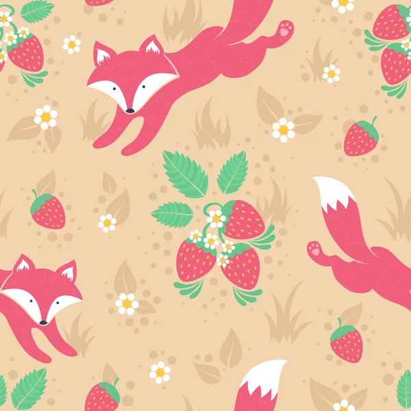 Foxes and wild strawberries seamless pattern — Stock Vector