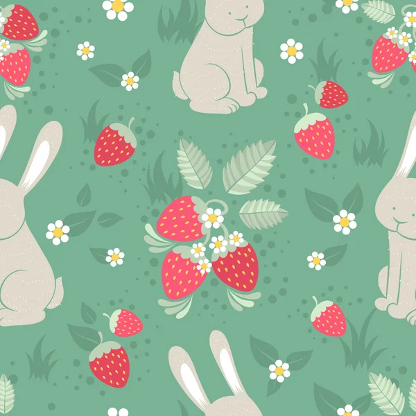 Rabbits and wild strawberries seamless pattern — Stock Vector