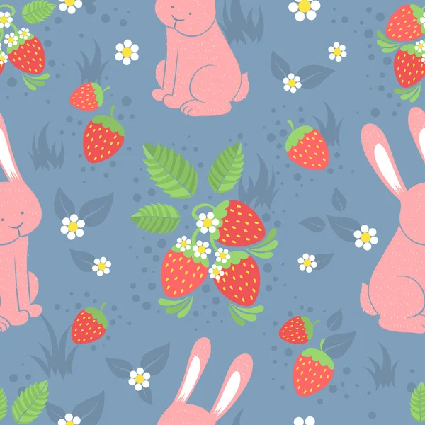 Rabbits and wild strawberries seamless pattern — Stock Vector