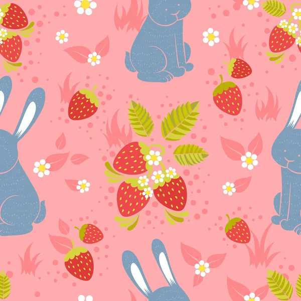 Lapins et fraises sauvages motif sans couture — Image vectorielle
