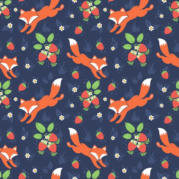 Foxes and wild strawberries seamless pattern — Stock Vector