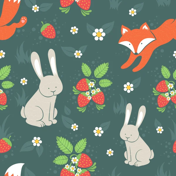 Rabbits and fox with seamless pattern — Stock Vector