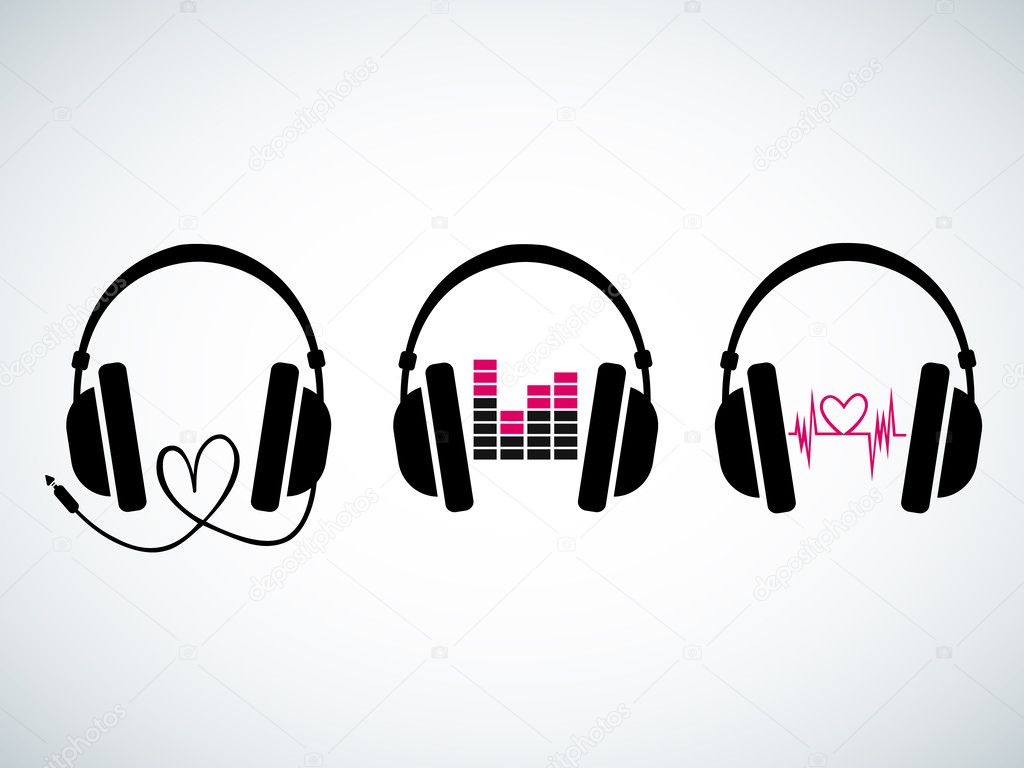 Creative music headphones logo set with heartbeat and equalizer