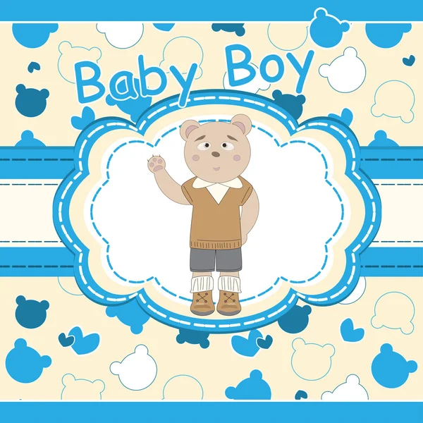 Baby shower greeting card with cute bear boy — Stock Vector