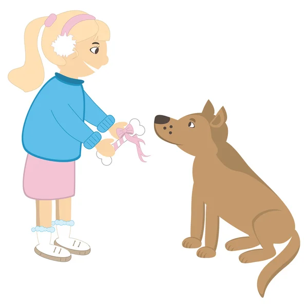 Cute girl present bone to the dog. Vector illustration — Stock Vector