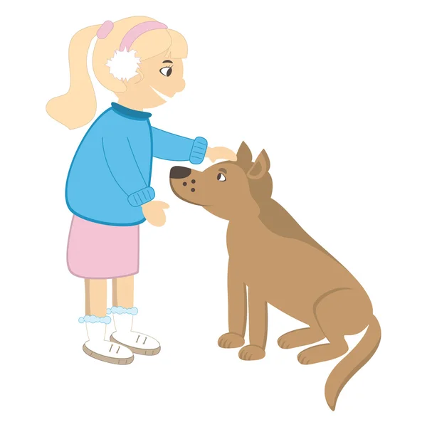 Cute girl caress the dog. Vector illustration — Stock Vector