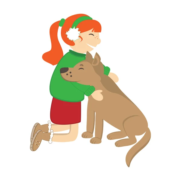 Cute girl caress the dog. Vector illustration — Stock Vector