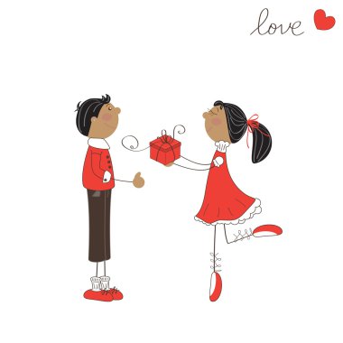 Cute girl give gift to the boy. Valentine day illustration