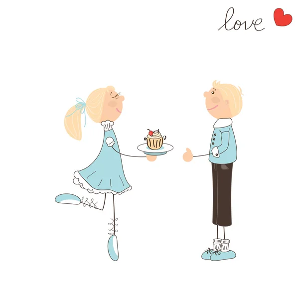 Симпатичная девушка дает торт мальчику. Иллюстрация ко Дню Святого Валентина — стоковый вектор