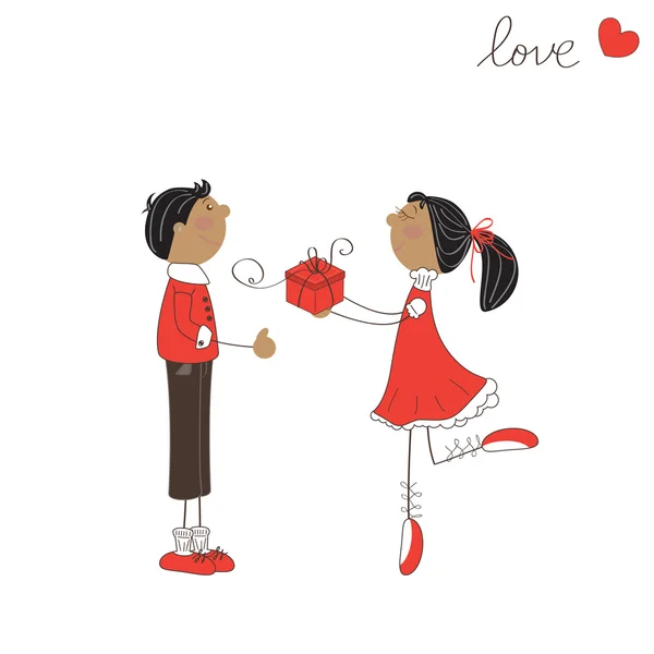 Słodkie dziewczyny dać prezent dla chłopca. Walentynki dzień ilustracja — Wektor stockowy