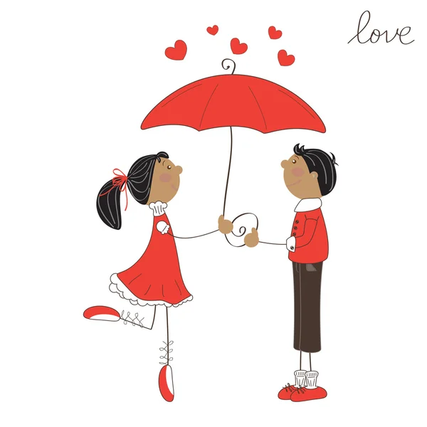 Niedliche Mädchen und Jungen unter einem Regenschirm. Illustration zum Valentinstag — Stockvektor