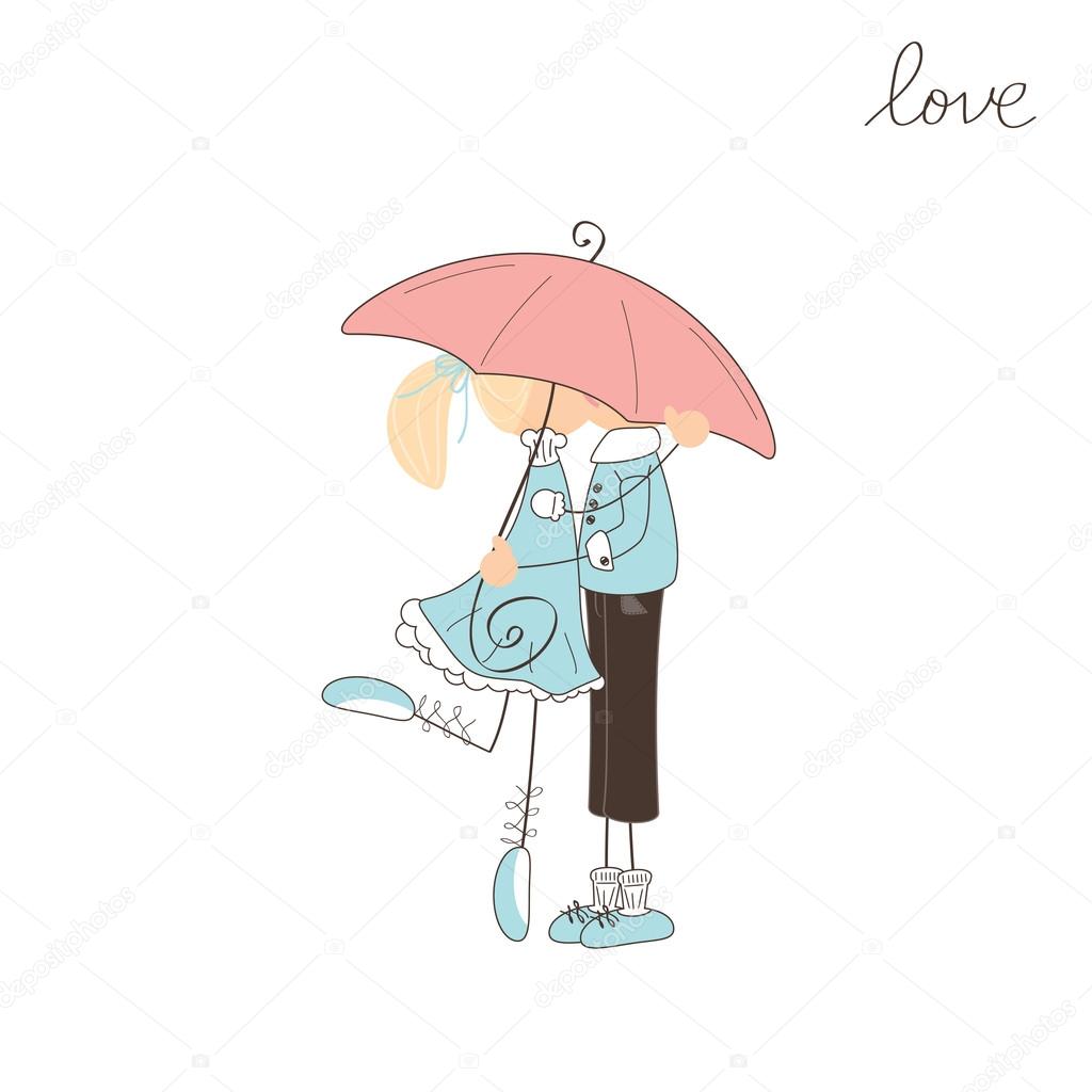 Girl kissing boy under umbrella. Valentine day illustration