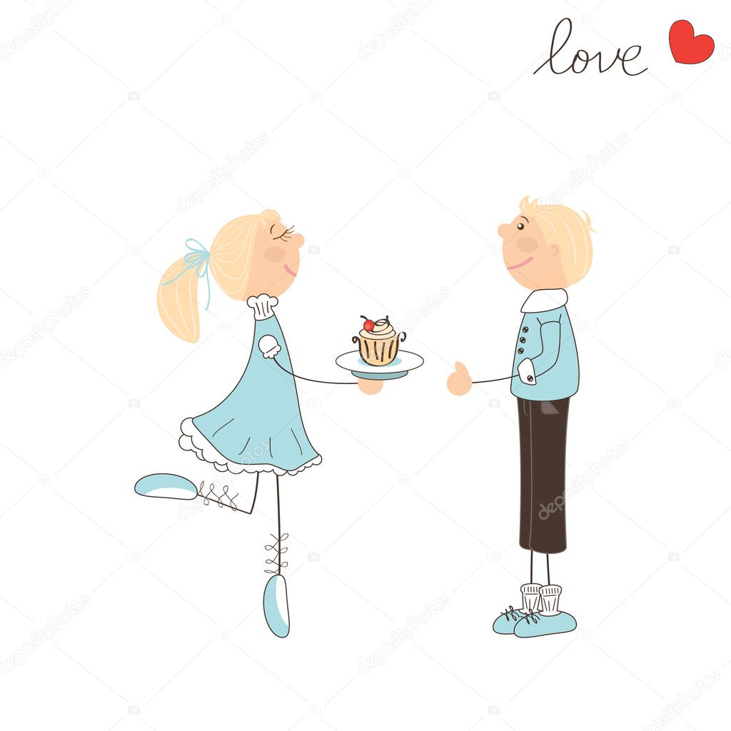 Cute girl give cake to the boy. Valentine day illustration