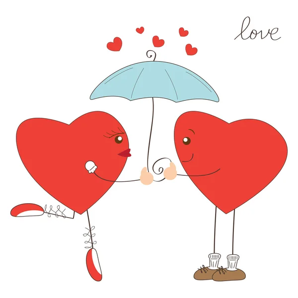 Cute heart girl and heart boy under umbrella — Stock Vector