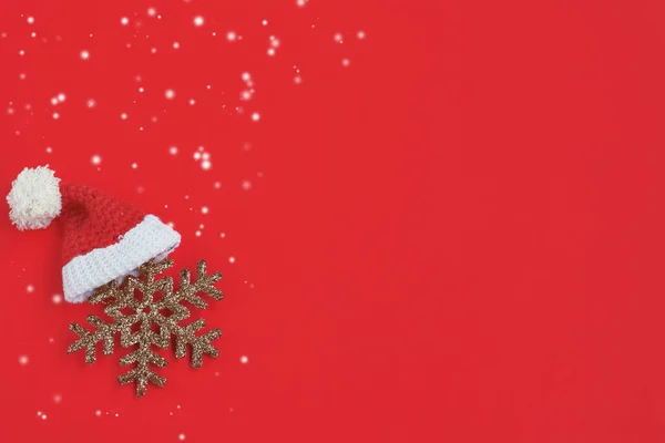 Новий Рік Різдвяна Листівка Банер Золота Сніжинка Капелюсі Санта Червоному Ліцензійні Стокові Зображення