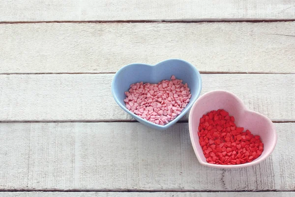 Valentines Day Background Many Small Red Pink Sugar Hearts Bowls — Zdjęcie stockowe