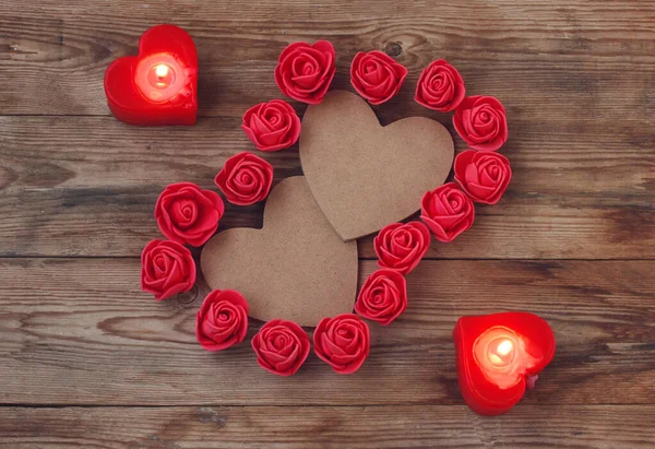 Sfondo Giorno San Valentino Due Cuori Cartone Forma Cuore Candela — Foto Stock