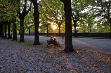 Couple on bench at sunset clipart