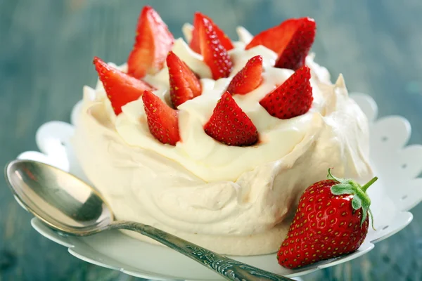 Dessert with strawberries closeup.