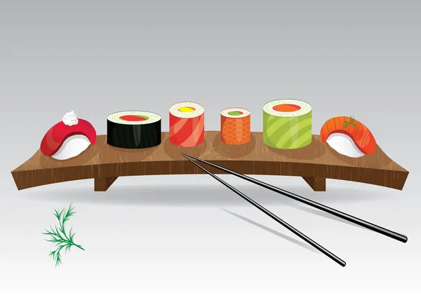 Los detalles sushi de la cocina japonesa - los ingredientes, el pescado, los palillos y el plato. Ilustración vectorial — Archivo Imágenes Vectoriales