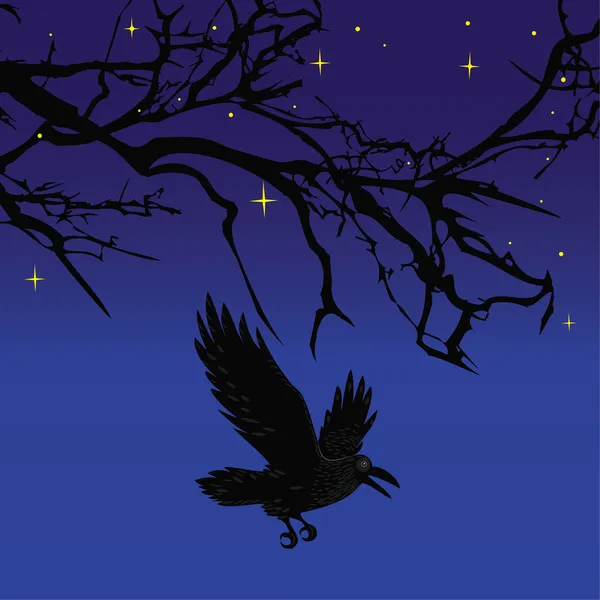 怖いハロウィーンの夜の木の上を飛んでいるカラス鳥 — ストックベクタ