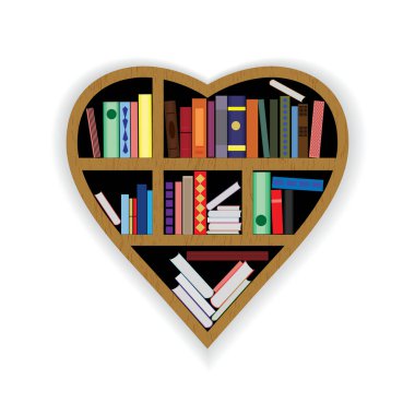 Raflardan renkli kitaplar ile kalp şeklinde. Okuma. Kitapları severim. Edebiyat, vektör çizim ile ev Kütüphane