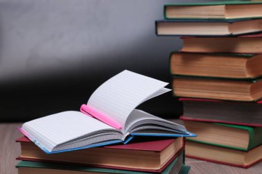 Kitap arkaplanında kalem olan dizüstü bilgisayar, seçici odak  