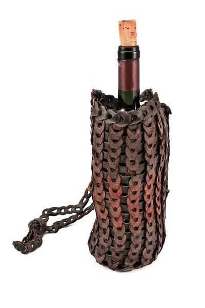 Staré kožené víno pytel s lahví vína — Stock fotografie