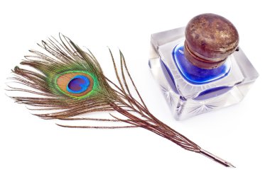 Peacock feather quill and inkwell clipart