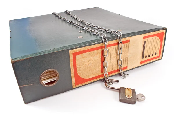 Old office folder with unlocked padlock and chain — Stock Photo, Image