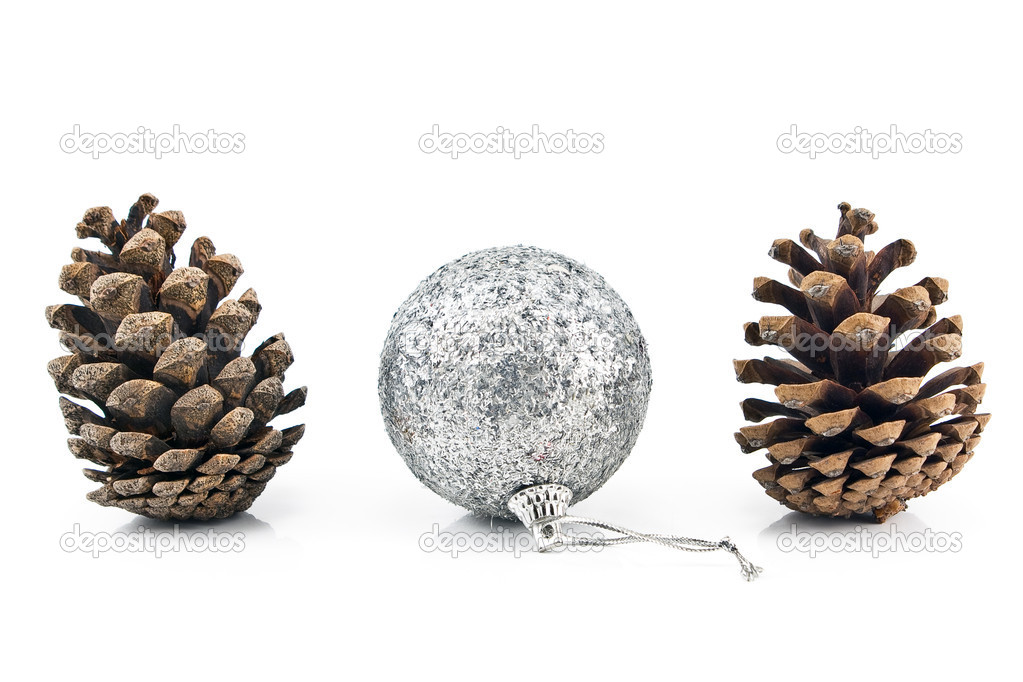 Silver christmas bauble with pine cones
