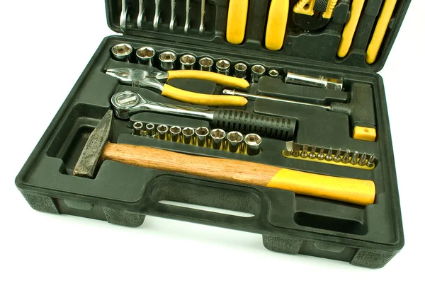 Set of various chrome yellow tools in box — Stock Photo, Image