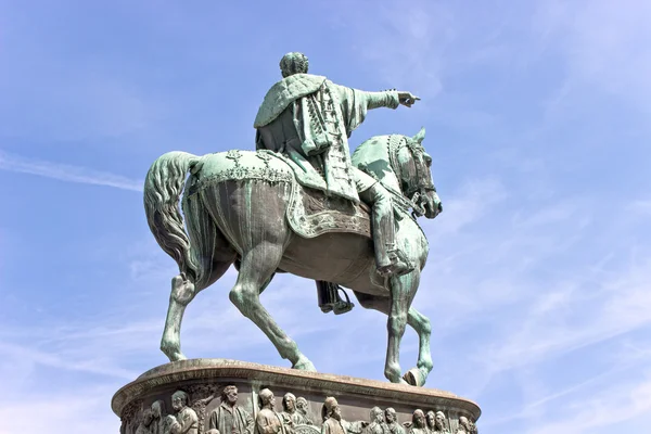 Statue of bronze horseman over blue sky — Stock Photo, Image