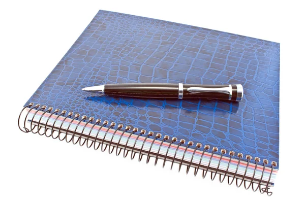 Caderno espiral azul com caneta — Fotografia de Stock